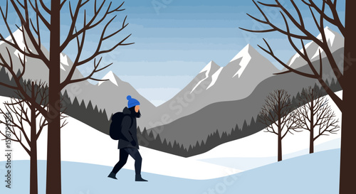 Winter Hiking Adventure Solo Trek Through Snowy Mountain Landscape