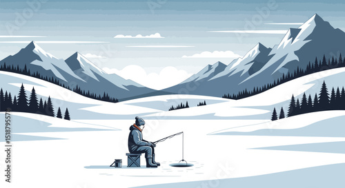 Winter Solitude Ice Fishing in a Majestic Mountain Landscape