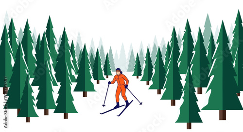 Cross-Country Skiing Through a Snowy Pine Forest Winter Wonderland Illustration