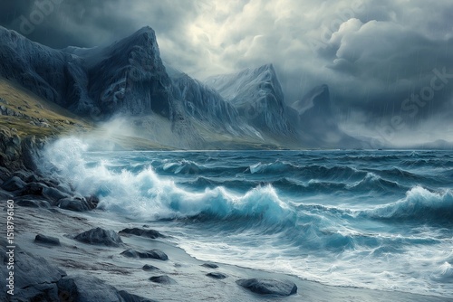 Dramatic Ocean Waves with Rocky Coast and Stormy Skyscape - Vibrant Coastal Landscape Photography