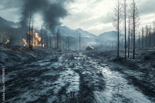 Scorched Wilderness. Aftermath of a Devastating Fire in a Barren Landscape