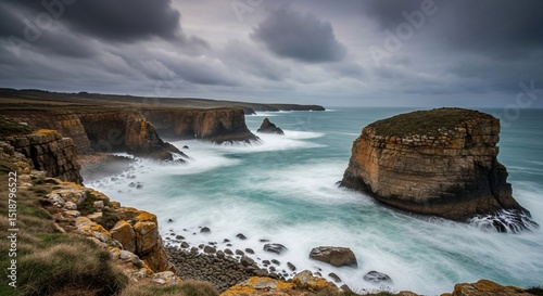 Dramatic Coastal Landscape with Rugged Cliffs, Turbulent Sea, and Overcast Sky
