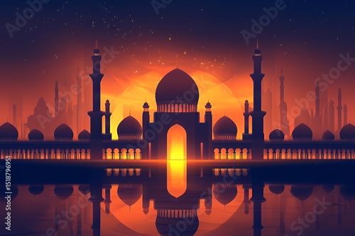 Majestic Mosque Silhouette at Sunset Reflecting in Water