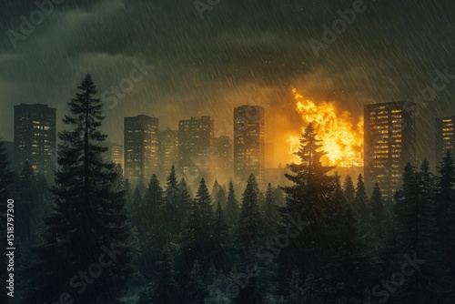 Apocalyptic Cityscape in Flames. Dramatic Firestorm and Urban Destruction at Night