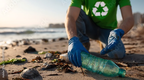 Man is Squatting While Picking Up Plastic Bottle From Sandy Beach : Suitable for Be Used in Blog Posts, Social Media Posts or Website Content Related to the Environment Theme.	
