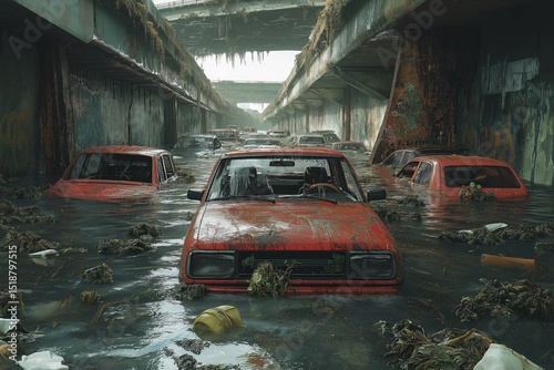 Apocalyptic Urban Landscape. Abandoned Highway and Flooded City, A Surreal Reflection on Infrastructure Neglect and Climate Change