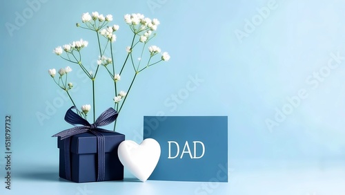 Father's Day Concept with Present Boxes, White Flowers Decoration, Hearts, and Mustache Design