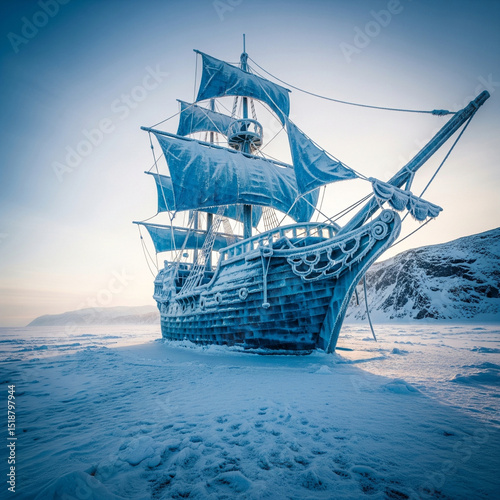 Frozen Abandoned Ship Trapped in Icy Arctic Landscape