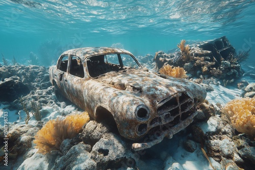 Vintage Rusty Car as Underwater Reef. Exploring Marine Life around Submerged Vehicles on the Ocean Floor