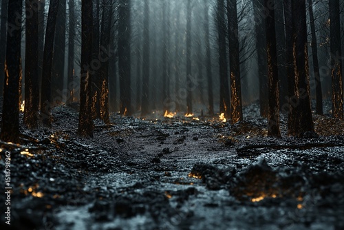 Dark Mystical Forest with Smoky Fire Glow. An Atmospheric Adventure Through Scenic Wilderness