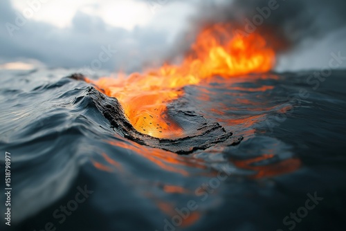 Dramatic Ocean Volcano Eruption with Fiery Lava and Smoke. Capturing the Power and Beauty of Nature's Explosive Phenomenon