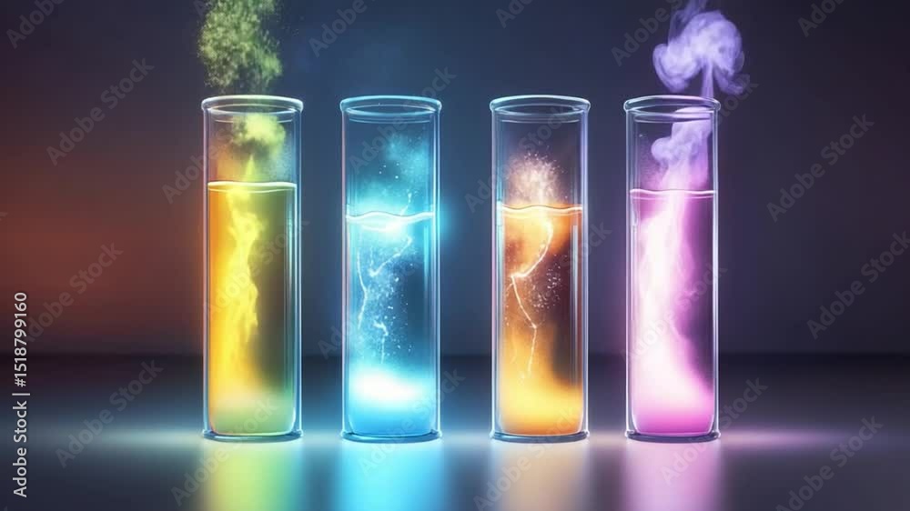 Colorful laboratory test tubes with vibrant liquid and mystical smoke effects for scientific concepts