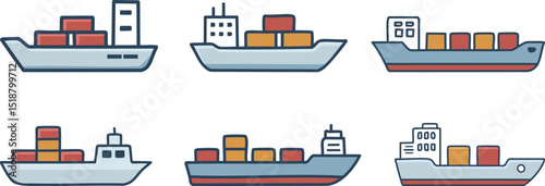 Freight Ship with Containers Icon Hand drawn Illustration set