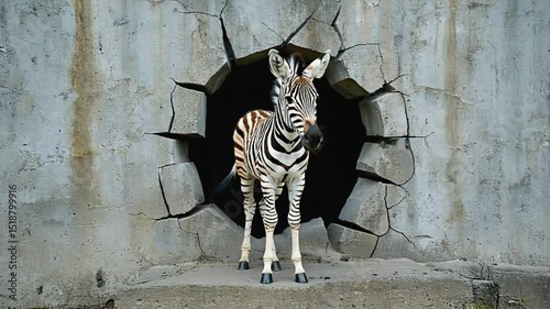 Zebra emerges from a cracked wall, showcasing wildlife and animal themes