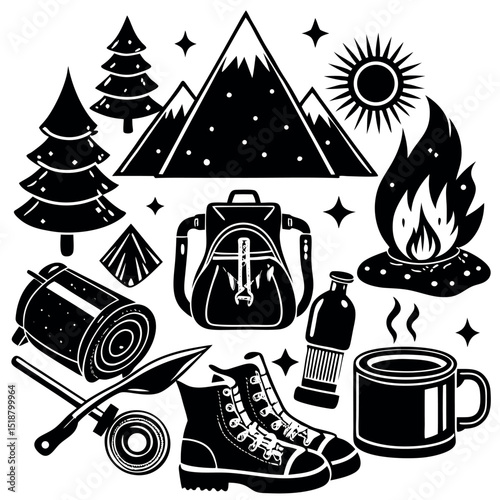 Adventure Awaits Mountain Hiking Essentials & Camping Gear Icons