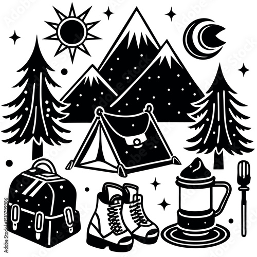 Camping Adventure Majestic Mountains, Starry Nights, and Cozy Campsite Illustrations
