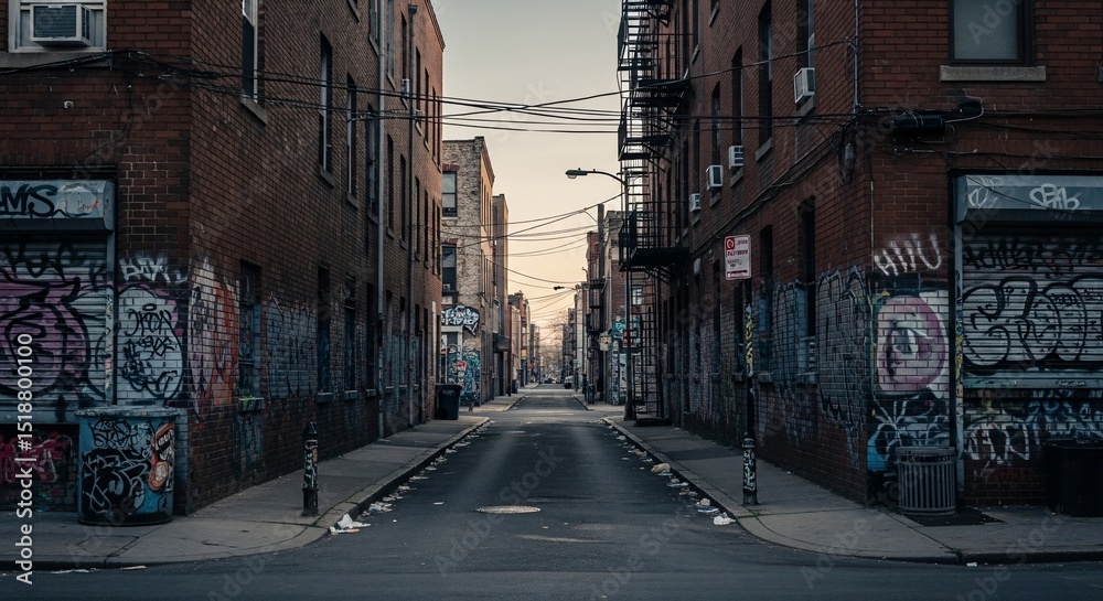 Fototapeta premium Narrow Urban Alleyway with Graffiti Art, Brick Buildings, and Atmospheric Lighting.
