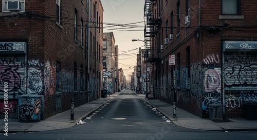 Narrow Urban Alleyway with Graffiti Art, Brick Buildings, and Atmospheric Lighting.