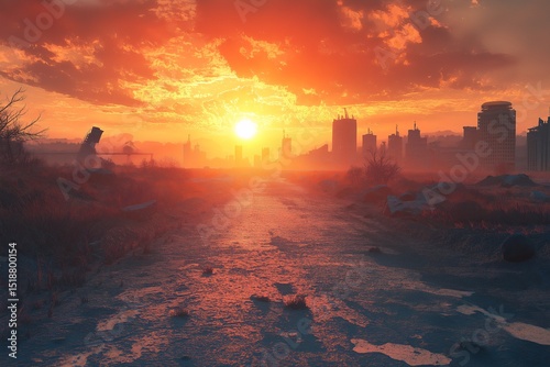 Dramatic Post-Apocalyptic Urban Landscape at Sunset. Exploring Ruined Cityscapes with Orange Sky Beauties