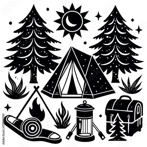 Camping Adventure Night Sky, Pines, and Campfire Illustration