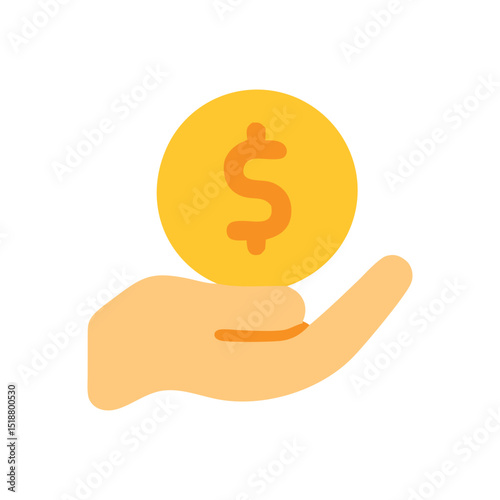 A simple illustration of a hand offering a gold dollar coin, representing finance, investment, and wealth. The image conveys concepts of giving, receiving, and the exchange of money.