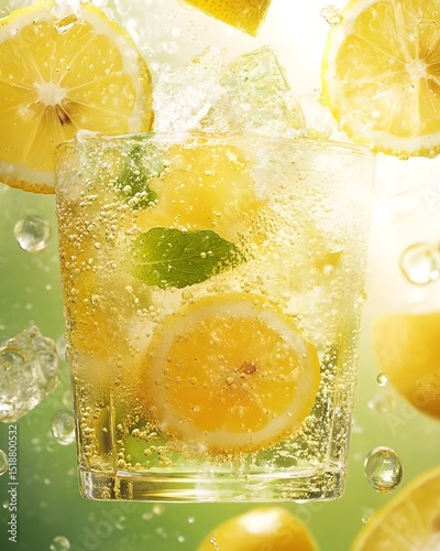 Lemon soda theme poster, cool, fresh atmosphere, splashes of juice and ice cubes, visually bright yellow and green colors, lemon slice elements, bubbles and condensation enhance the freshness