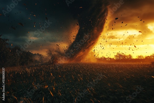 Dramatic Tornado Over Cotton Field. Nature's Fury in Rural Landscape