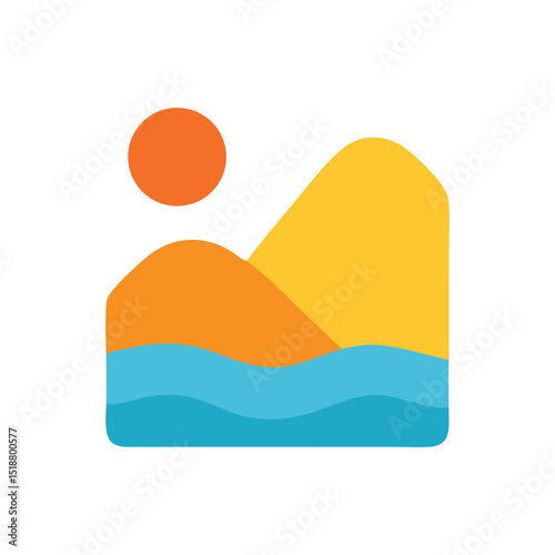 A colorful and minimalist illustration depicts a tranquil landscape with a bright sun, rolling hills, and gentle waves of the sea. This image evokes a sense of peacefulness and natural beauty.