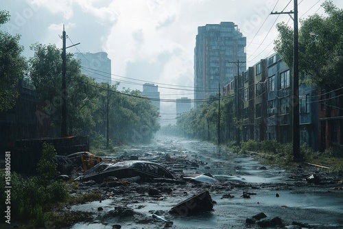 Urban Decay in Post-Apocalyptic Cityscape. Nature Reclaiming Overgrown Skylines and Abandoned Architecture
