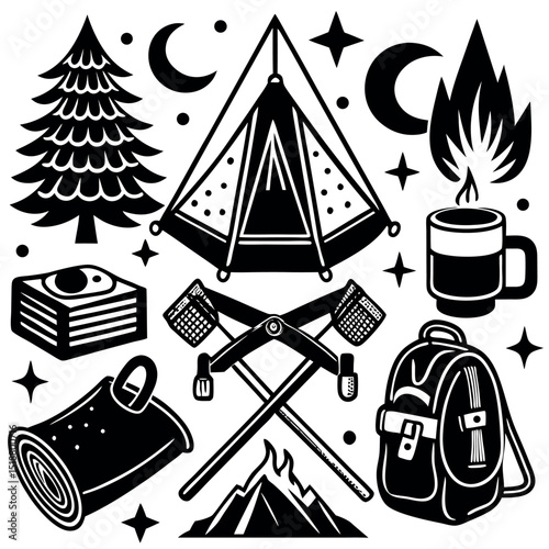 Camping Adventure A Collection of Essential Camping Gear and Scenery Illustrations