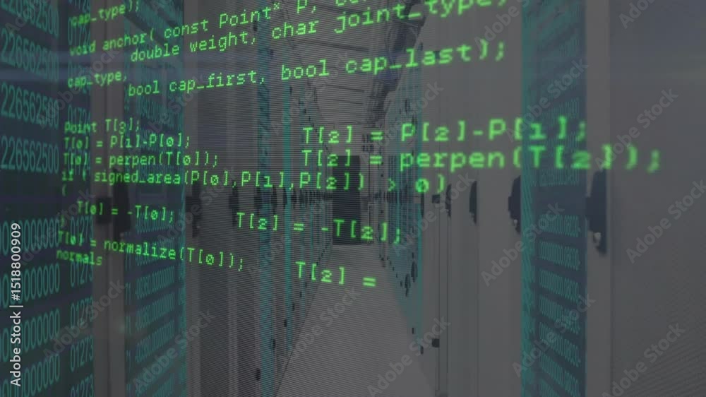 Overlay showing code flowing from network read via geometry math to intersection in server corridor