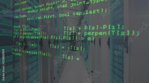 Overlay showing code flowing from network read via geometry math to intersection in server corridor