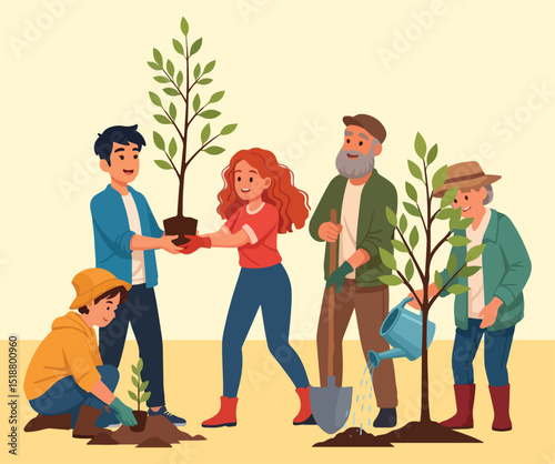 an intergenerational group of diverse individuals happily participating in a tree planting event, symbolizing community effort and environmental care.