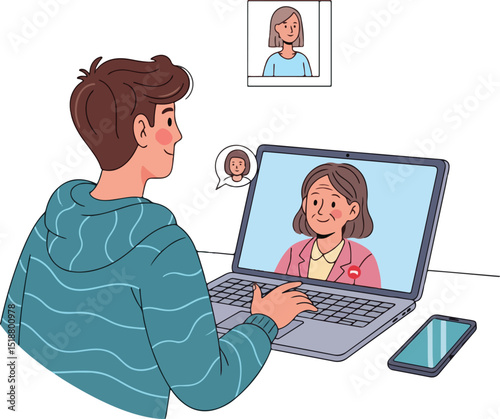 a young person engaging in a telehealth consultation or online learning session via a laptop, with multiple video windows suggesting remote interaction.