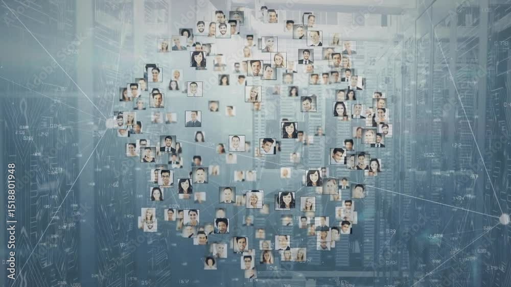 Cluster of square headshots appearing in server racks forming rotating ...