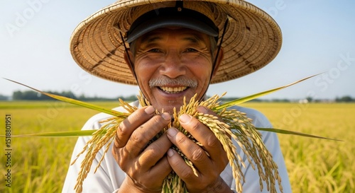 Smiling Asian Farmer Holding Rice Stalks in a Golden Field, Close-Up