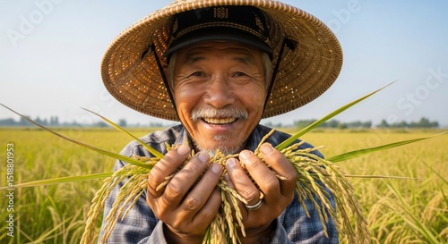 Smiling Asian Farmer Holding Rice Harvest in a Golden Field, Sunny Day