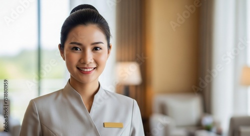 Smiling Asian Hotel Receptionist in Uniform, Warm Lighting and Professionalism