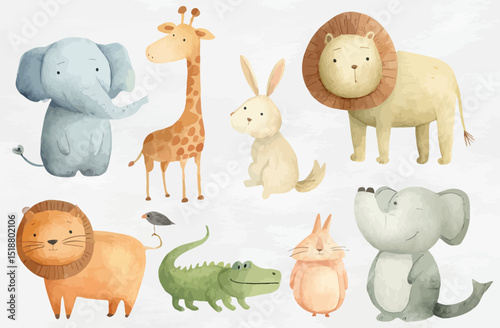 Adorable Watercolor Animal Set Elephants, Lions, Giraffes, and More!