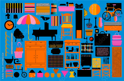 Vibrant Collage of Flea Market and Garage Sale Finds A Colorful Collection of Vintage and Retro Items