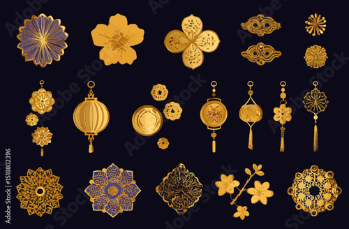 Gold Asian Floral and Lantern Designs  A Collection of Elegant Vector Graphics