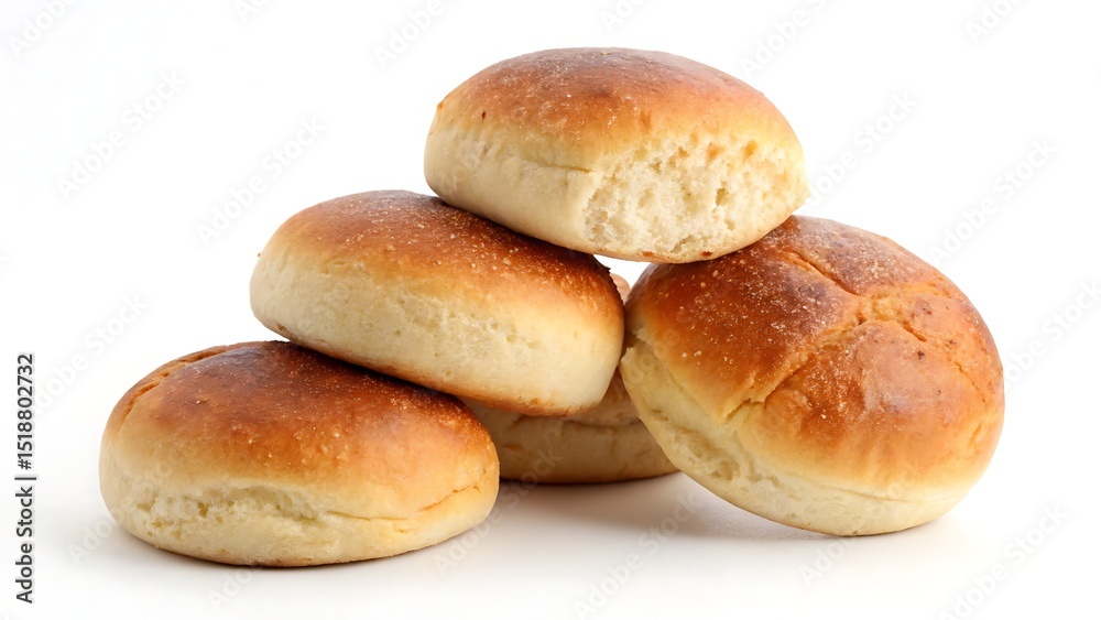 A neatly stacked pile of freshly baked, golden-brown bread rolls with a soft, inviting texture, arranged against a clean white background. A neatly stacked pile of freshly baked, golden-brown bread rolls with a soft, inviting texture, arranged against a clean white background.
