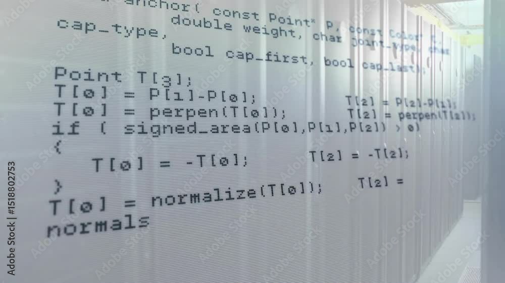 Opening translucent C++ code scrolling upward, revealing HTTP response loop and geometry functions