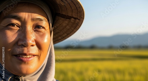 Smiling Vietnamese Farmer in Traditional Hat with Golden Rice Field Backdrop