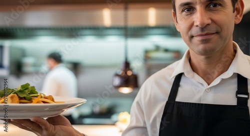 Smiling Waiter Presenting a Plate of Food in a Restaurant Kitchen Setting