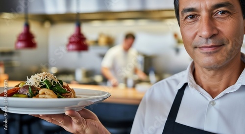 Smiling Waiter Presents Gourmet Dish in Restaurant Kitchen Setting