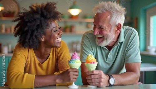 Elderly man and young woman enjoying colorful ice cream together  