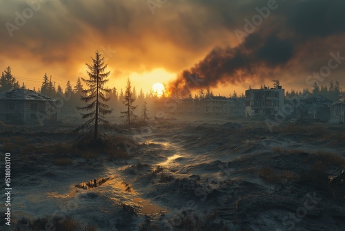Abandoned Ruins and Destruction at Sunset. Dramatic Landscape and Apocalypse Reflection in Eerie Wilderness