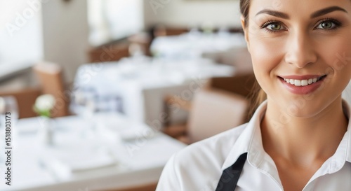 Smiling Waitress in Restaurant with Green Eyes and White Shirt, Close-Up View