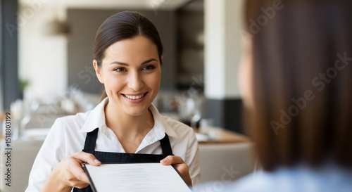 Smiling Waitress Presenting Menu in Restaurant, Offering Service to Customer